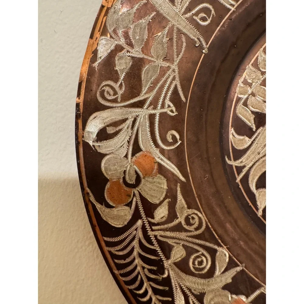 Vintage Copper Plate Hand Etched Floral Design Made in Turkey Wall Hanging 7